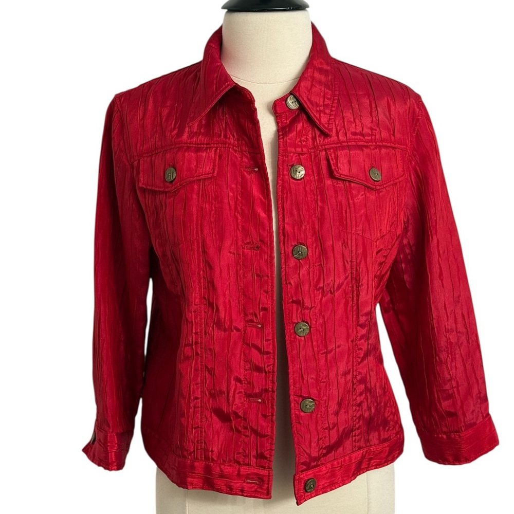 Ruby Rd. Women's 3/4 Sleeves Front Button-Up Denim Cut Cropped Jacket, Red Sz 12